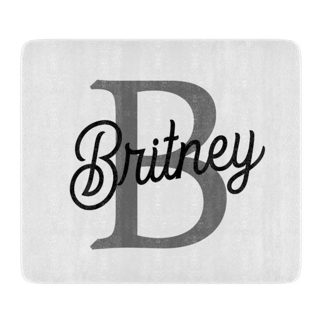 Modern Elegant Monogram Name  Black Gray Script  Cutting Board (Front)