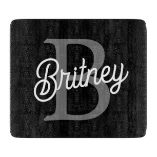 Modern Elegant Monogram Name  Black Gray Script  Cutting Board