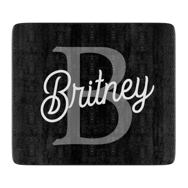 Modern Elegant Monogram Name  Black Gray Script  Cutting Board (Front)