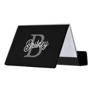 Modern Elegant Monogram Name  Black Gray Script  Desk Business Card Holder