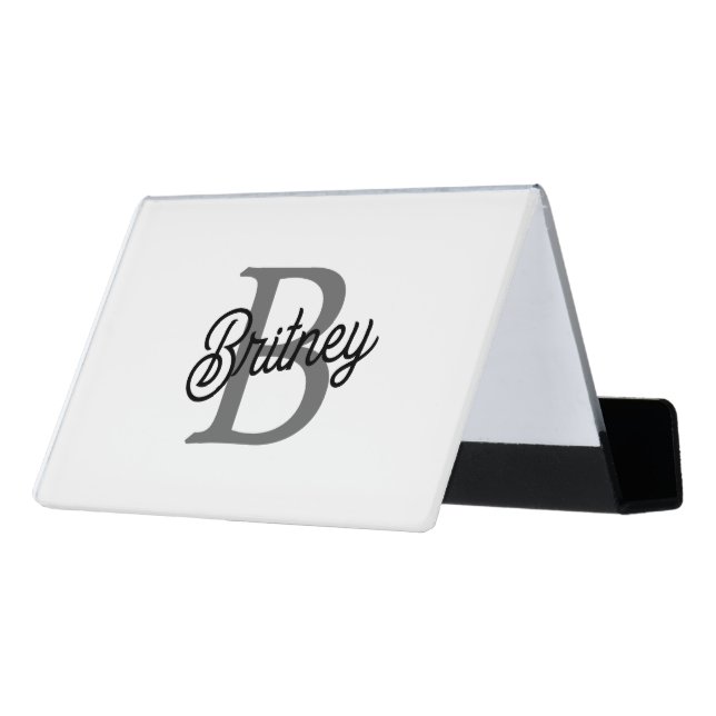 Modern Elegant Monogram Name  Black Gray Script  Desk Business Card Holder (Angled Back)