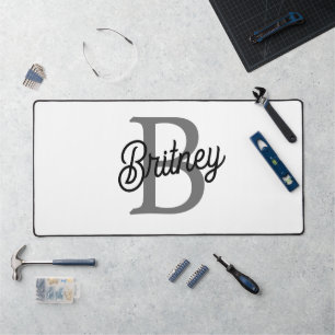Modern Elegant Monogram Name Black Gray Script Desk Mat