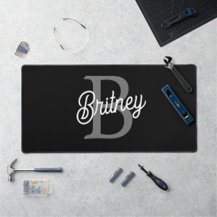 Modern Elegant Monogram Name  Black Gray Script  Desk Mat