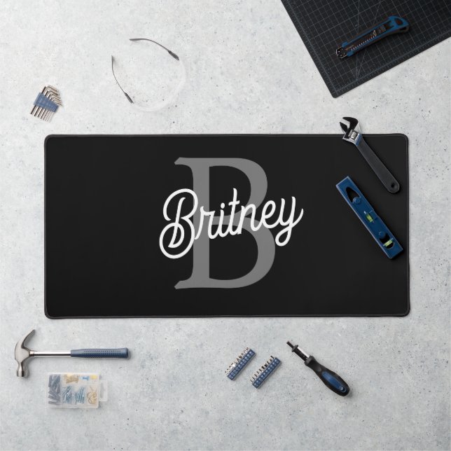 Modern Elegant Monogram Name  Black Gray Script  Desk Mat (Workstation)
