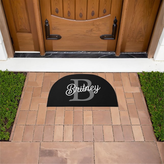 Modern Elegant Monogram Name  Black Gray Script  Doormat (Outdoor)