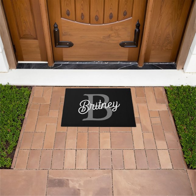 Modern Elegant Monogram Name  Black Gray Script  Doormat (Outdoor)