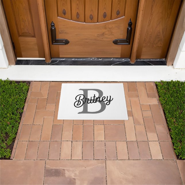 Modern Elegant Monogram Name  Black Gray Script  Doormat (Outdoor)