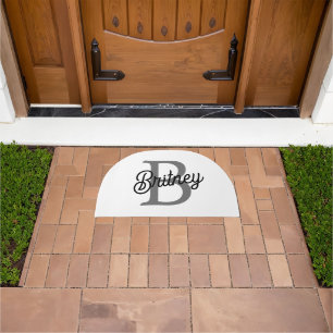 Modern Elegant Monogram Name Black Gray Script Doormat