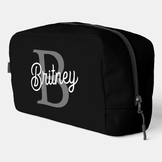 Modern Elegant Monogram Name  Black Gray Script  Dopp Kit (Right Corner)