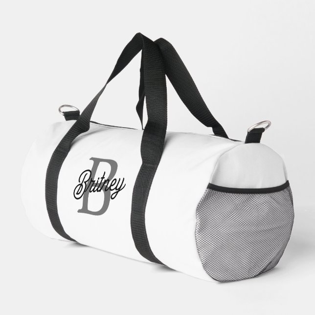 Modern Elegant Monogram Name  Black Gray Script  Duffle Bag (Right Corner)
