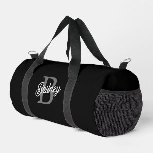 Modern Elegant Monogram Name Black Gray Script Duffle Bag