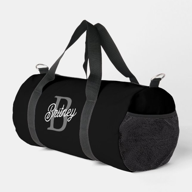 Modern Elegant Monogram Name  Black Gray Script  Duffle Bag (Right Corner)