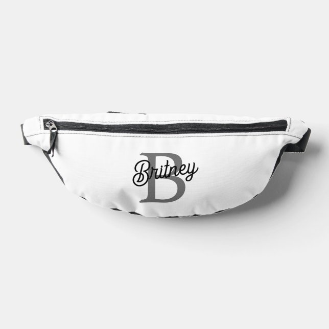 Modern Elegant Monogram Name  Black Gray Script  Fanny Pack (Lay Down)