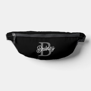 Modern Elegant Monogram Name Black Gray Script Fanny Pack