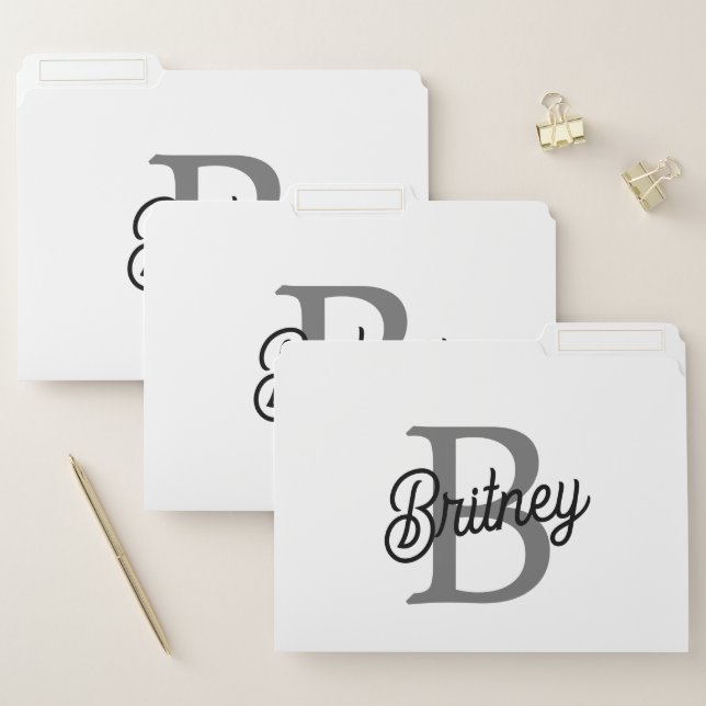 Modern Elegant Monogram Name  Black Gray Script  File Folder (Set)