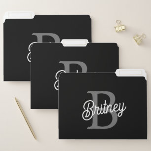 Modern Elegant Monogram Name  Black Gray Script  File Folder