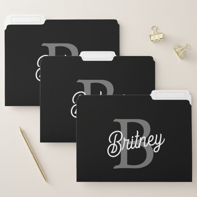 Modern Elegant Monogram Name  Black Gray Script  File Folder (Set)