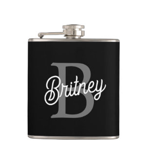 Modern Elegant Monogram Name  Black Gray Script  Flask
