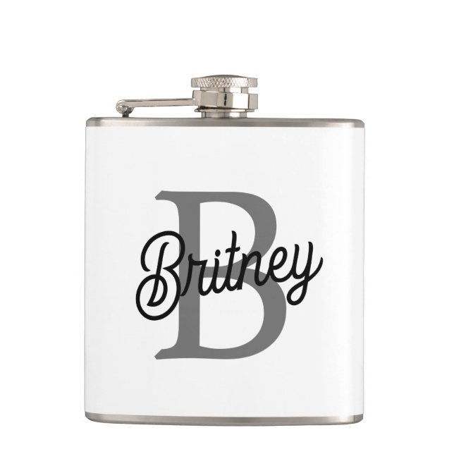 Modern Elegant Monogram Name  Black Gray Script  Flask (Front)