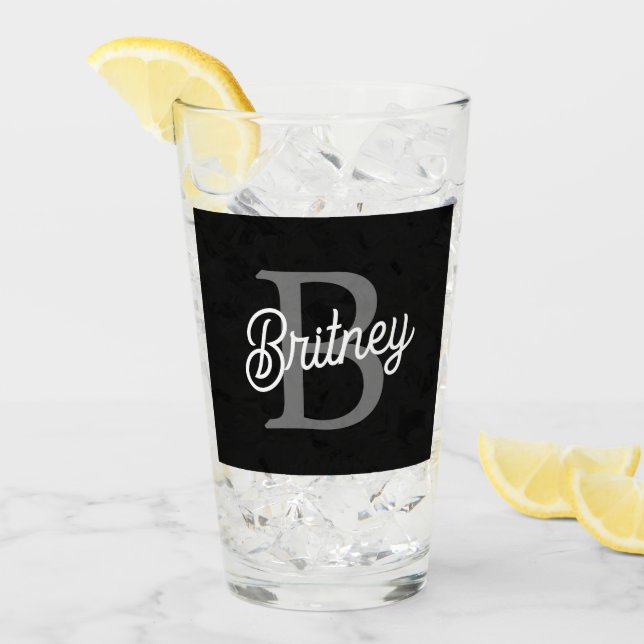 Modern Elegant Monogram Name  Black Gray Script  Glass (Front Ice)