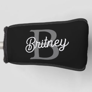 Modern Elegant Monogram Name  Black Gray Script  Golf Head Cover