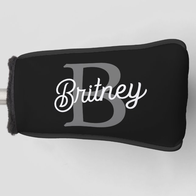 Modern Elegant Monogram Name  Black Gray Script  Golf Head Cover (Front)