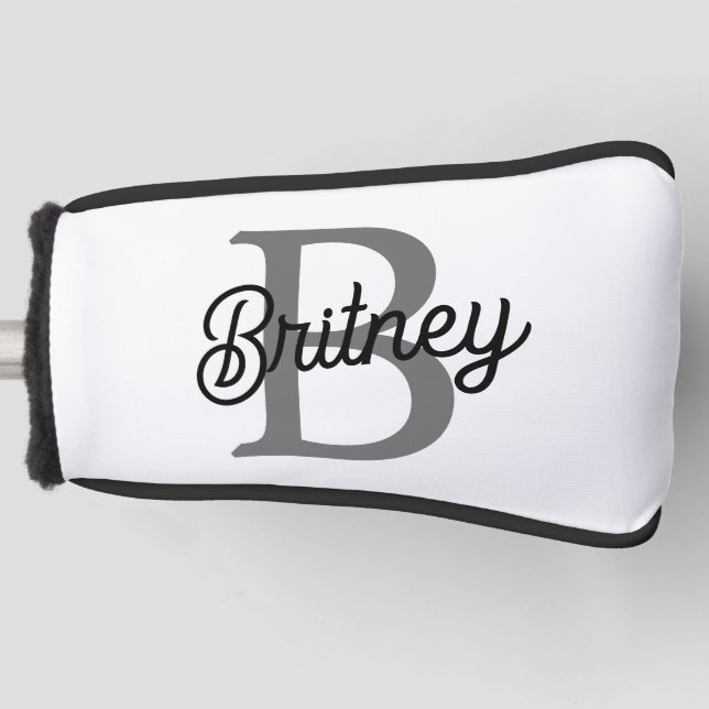 Modern Elegant Monogram Name  Black Gray Script  Golf Head Cover (Front)