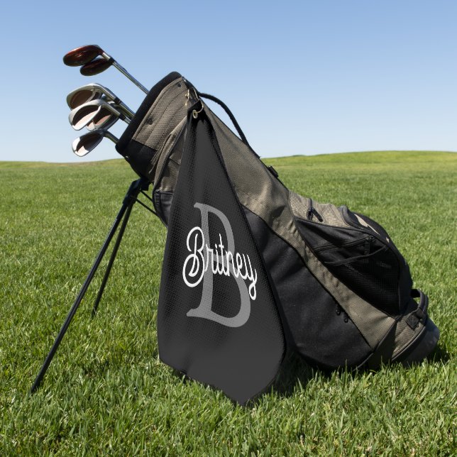 Modern Elegant Monogram Name  Black Gray Script  Golf Towel (Green)