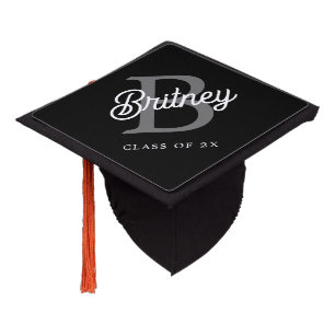 Modern Elegant Monogram Name Black Gray Script Graduation Cap Topper