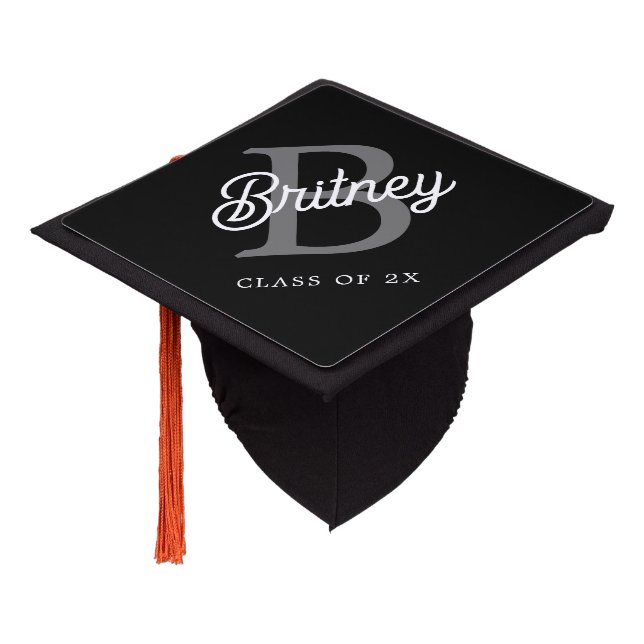 Modern Elegant Monogram Name  Black Gray Script  Graduation Cap Topper (Angled)