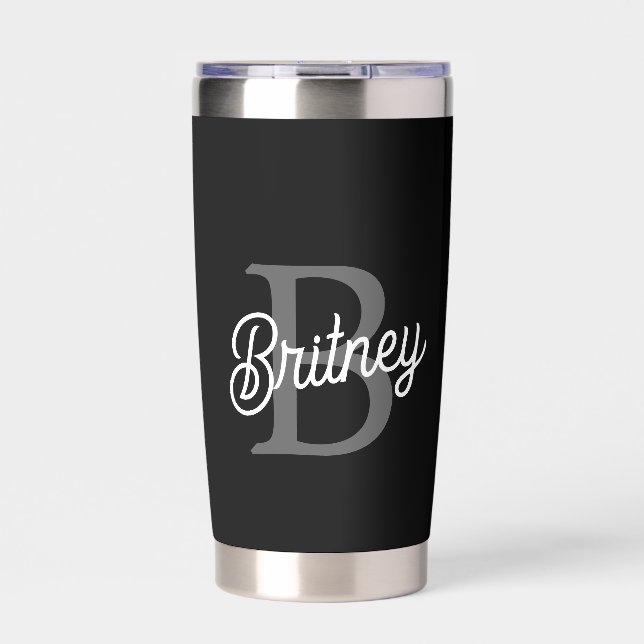 Modern Elegant Monogram Name  Black Gray Script  Insulated Tumbler (Front)
