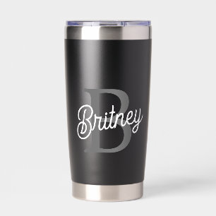 Modern Elegant Monogram Name  Black Gray Script  Insulated Tumbler