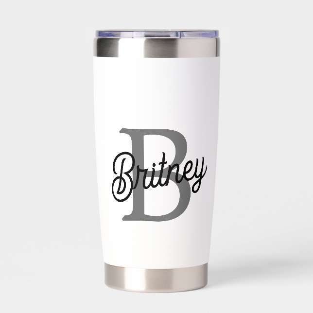 Modern Elegant Monogram Name  Black Gray Script  Insulated Tumbler (Front)