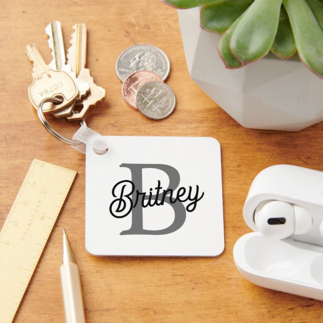 Modern Elegant Monogram Name  Black Gray Script  Keychain (Desk)