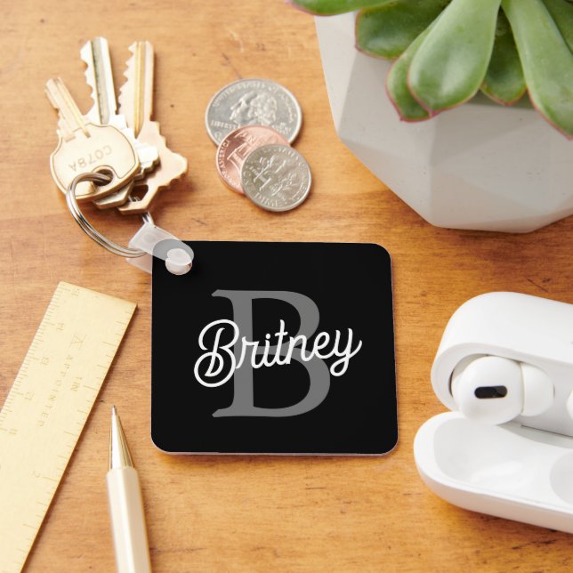 Modern Elegant Monogram Name  Black Gray Script  Keychain (Desk)