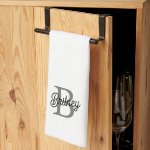 Modern Elegant Monogram Name Black Gray Script Kitchen Towel
