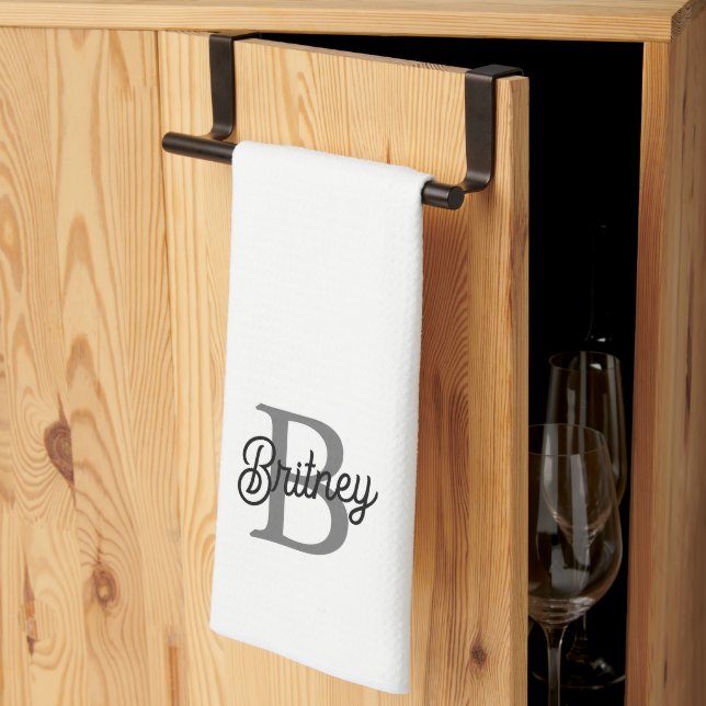Modern Elegant Monogram Name  Black Gray Script  Kitchen Towel (Thirds Fold)