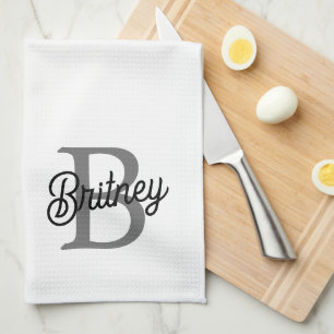 Modern Elegant Monogram Name Black Gray Script Kitchen Towel