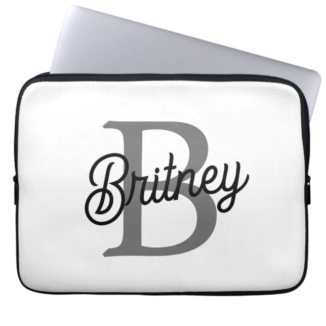 Modern Elegant Monogram Name  Black Gray Script  Laptop Sleeve (Front)