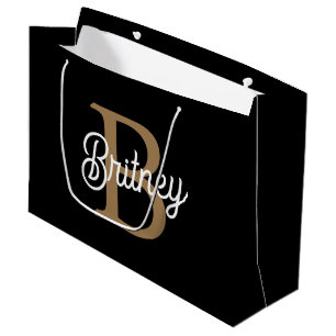 Modern Elegant Monogram Name  Black Gray Script  Large Gift Bag
