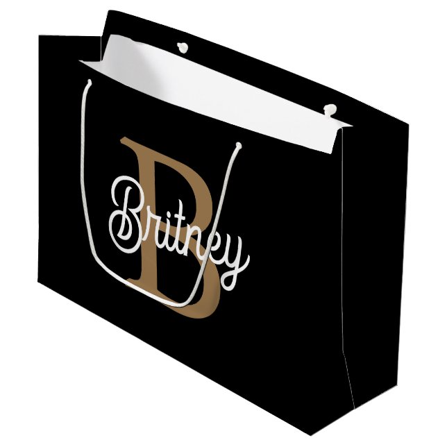 Modern Elegant Monogram Name  Black Gray Script  Large Gift Bag (Front Angled)