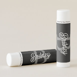 Modern Elegant Monogram Name  Black Gray Script  Lip Balm
