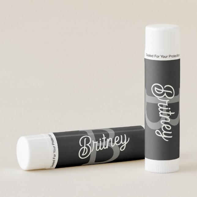 Modern Elegant Monogram Name  Black Gray Script  Lip Balm (Front)