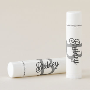 Modern Elegant Monogram Name  Black Gray Script  Lip Balm