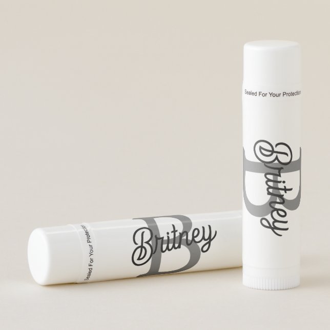 Modern Elegant Monogram Name  Black Gray Script  Lip Balm (Front)