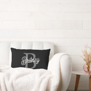 Modern Elegant Monogram Name  Black Gray Script  Lumbar Pillow