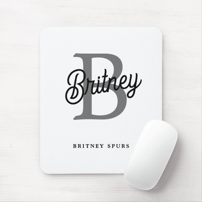 Modern Elegant Monogram Name  Black Gray Script  Mouse Pad (With Mouse)