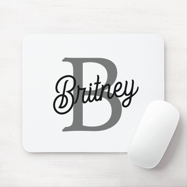 Modern Elegant Monogram Name  Black Gray Script  Mouse Pad (With Mouse)
