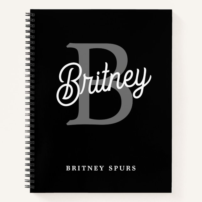 Modern Elegant Monogram Name  Black Gray Script  Notebook (Front)