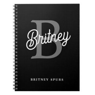 Modern Elegant Monogram Name Black Gray Script Notebook